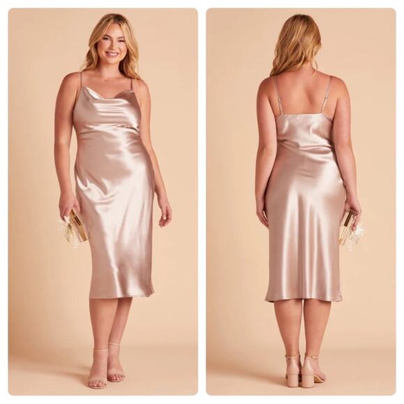 Birdy Grey Lisa Shiny Satin Cowl‎ Neck Sleeveless Midi Dress in Taupe Sz L NEW - Picture 1 of 12
